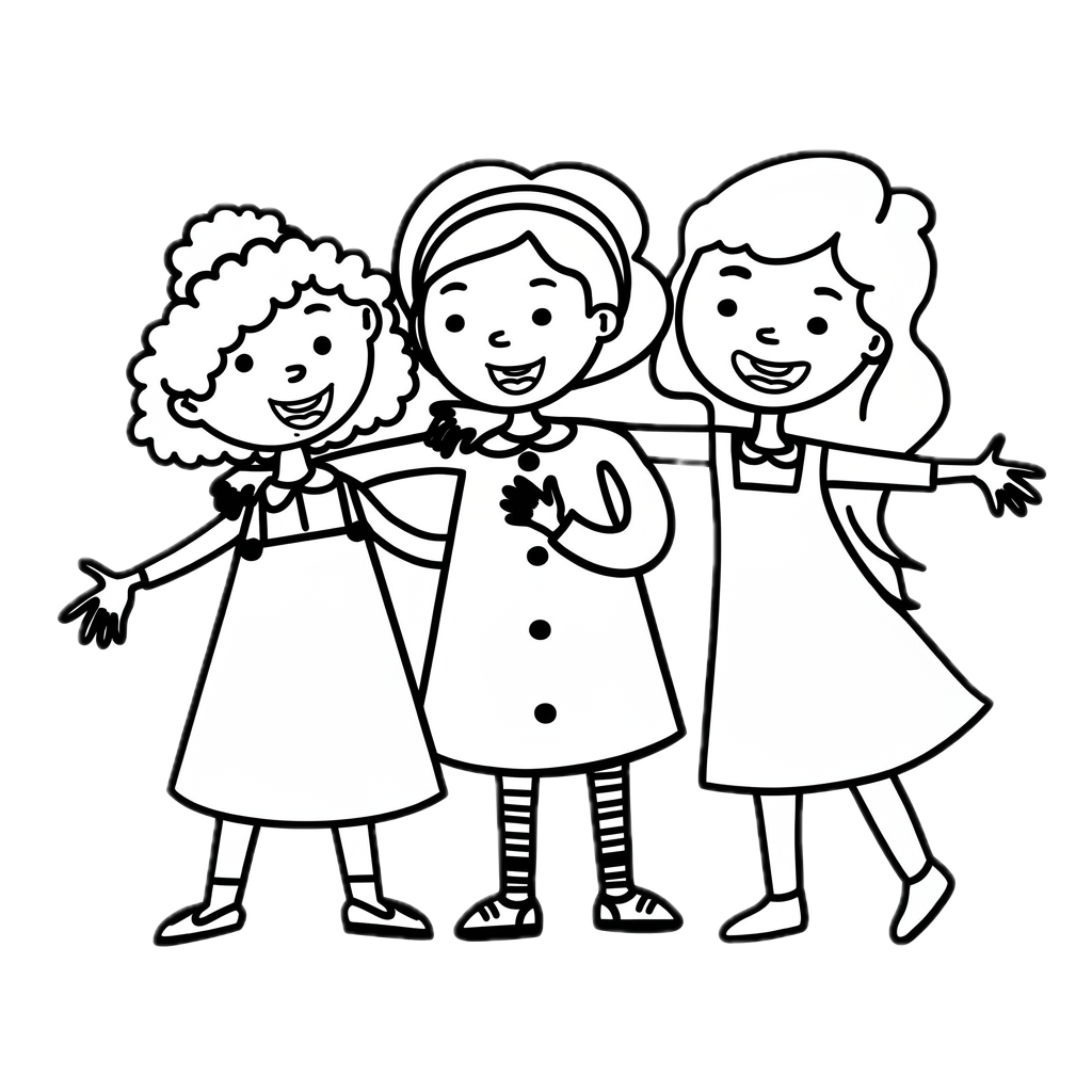 Ilustracion de las tres cipotias, las tres hijas de los fundadores, tomadas del brazo.